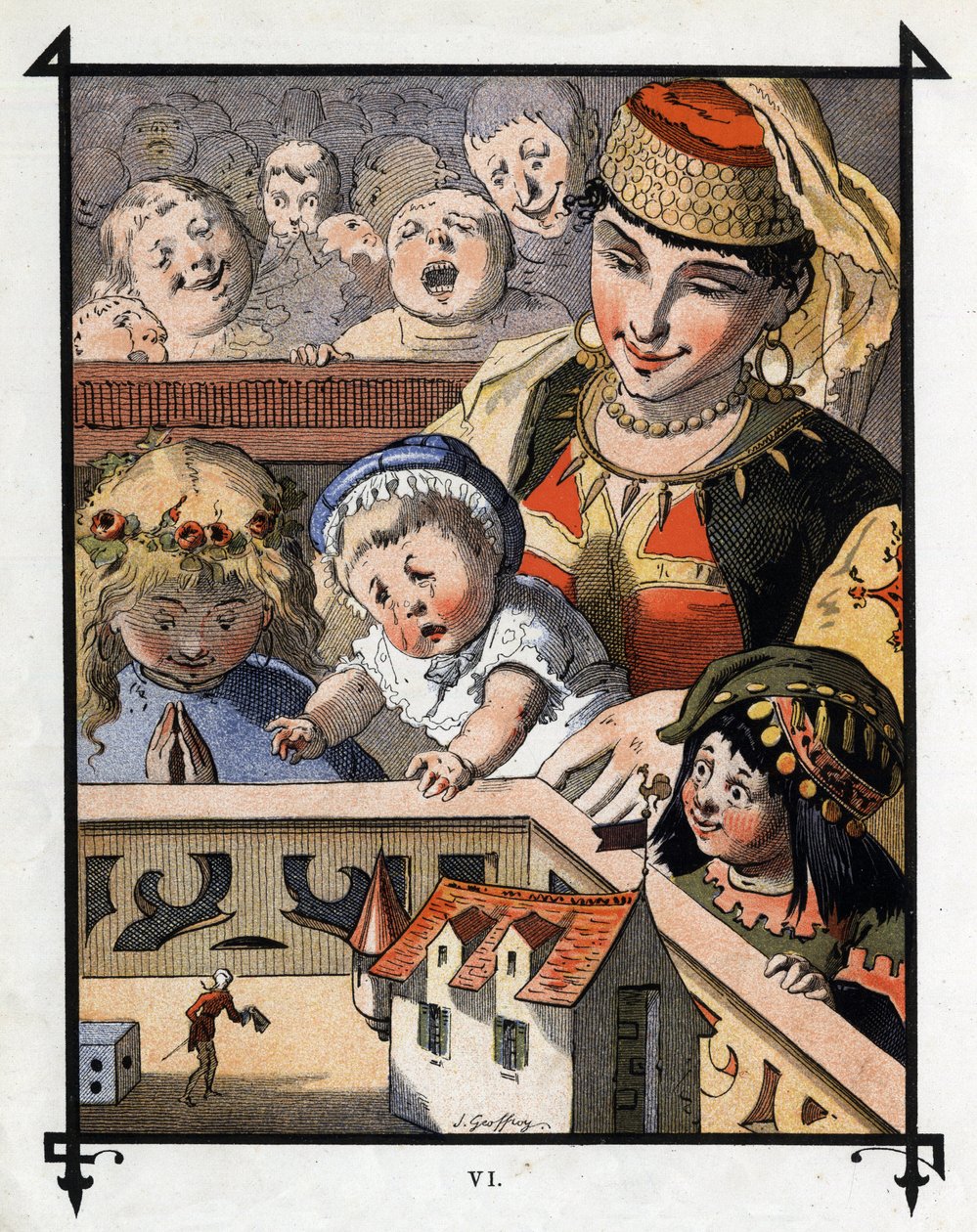 Lemuel Gulliver im Land der Riesen von Brobdingnag ist eine Kuriosität für Kinder. Illustration für „Gullivers Reisen“ von Jonathan Swift (1667-1745) von Henri Jules Jean Geoffroy