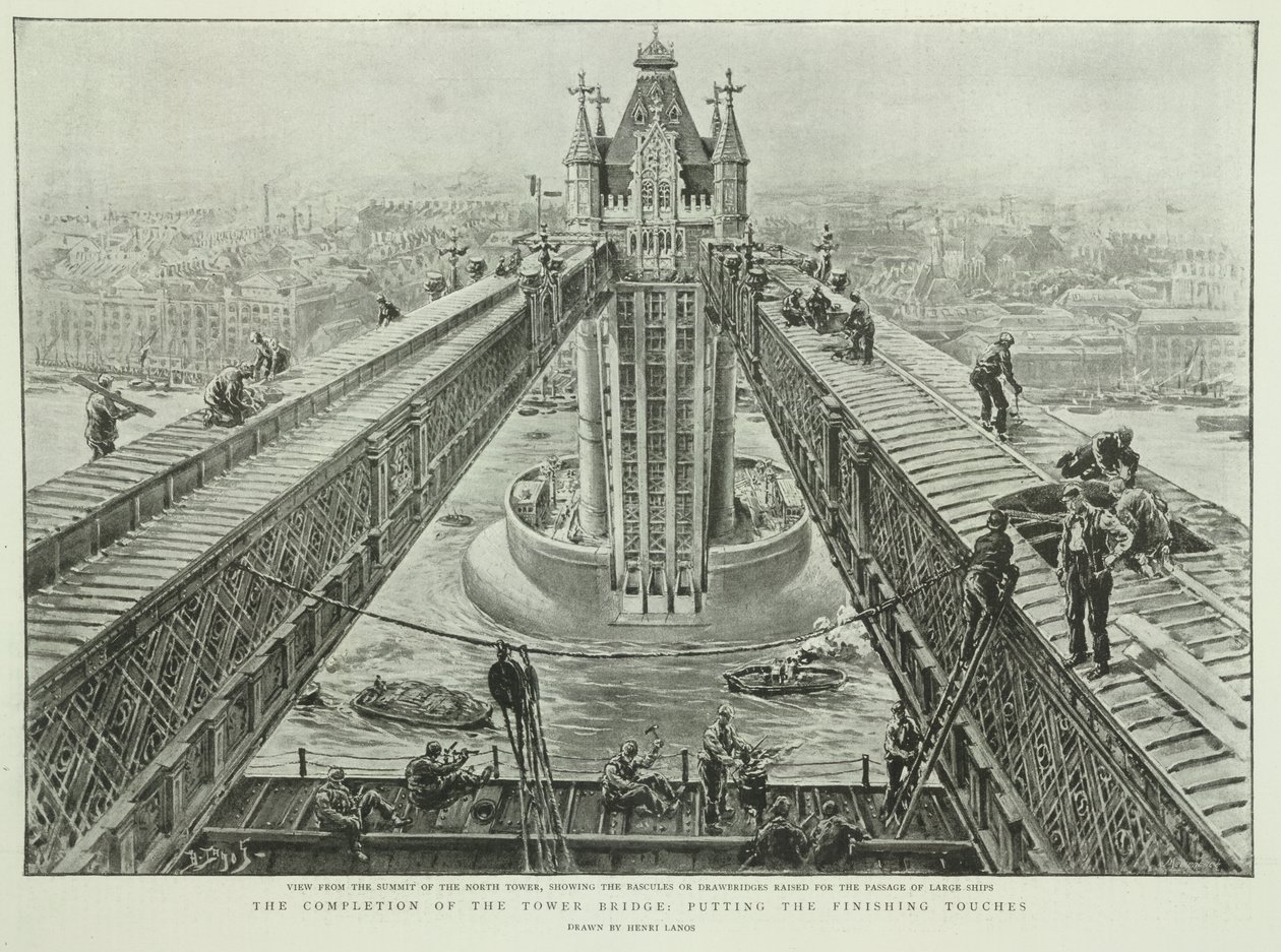 Die Fertigstellung der Tower Bridge: die letzten Handgriffe, aus The Graphic, 23. Juni 1894 (Gravur) von Henri Lanos
