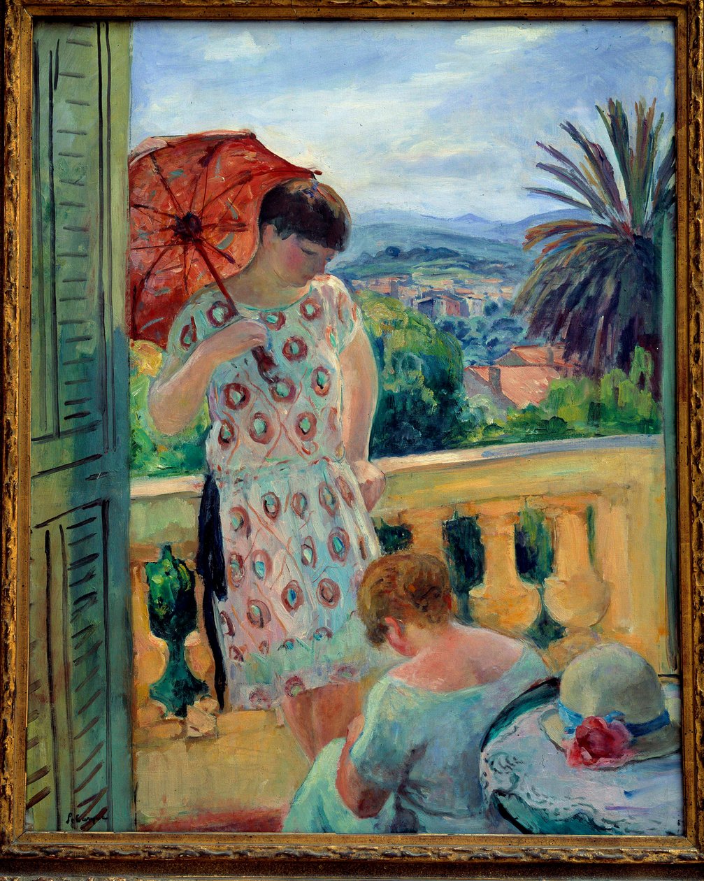 Zwei Frauen auf einem Balkon oder auf dem Balkon mit Blick auf das Esterel. Gemälde von Henri Lebasque (1865-1937) 1925-1926, Öl auf Leinwand, 92,5 × 65 cm. Lyon, Musee des Beaux Arts von Henri Lebasque
