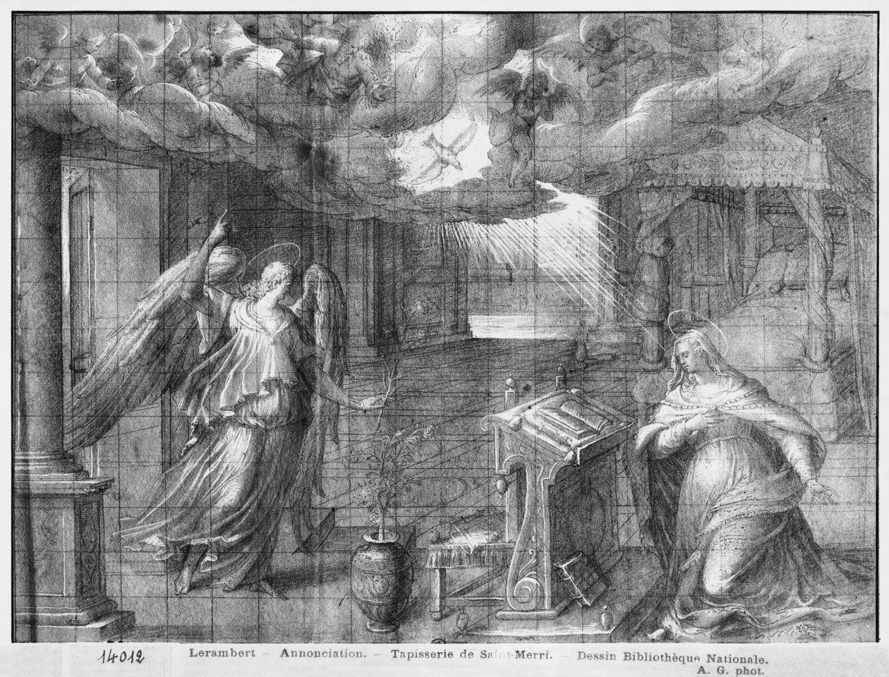 Leben Christi, Verkündigung, vorbereitende Studie eines Wandteppich-Kartons für die Kirche Saint-Merri in Paris, um 1585-90 von Henri Lerambert