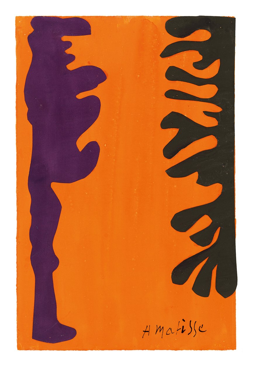 Schwarze und violette Arabesken auf orangem Hintergrund von Henri Matisse