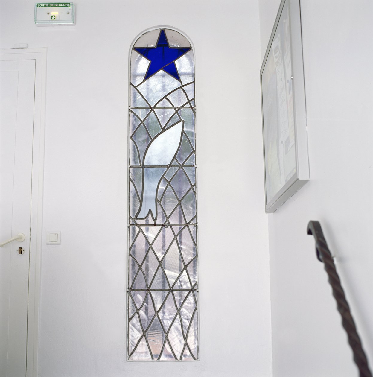 Buntglasfenster, das einen Fisch zeigt, der in einem Netz unter dem Stern der Erlösung gefangen ist, von der Treppe zur Kapelle des Rosenkranzes von Henri Matisse