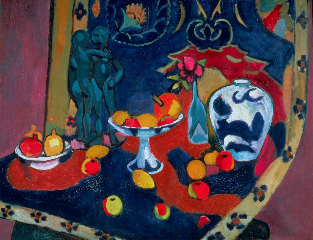 Stillleben mit Früchten und einer Bronzestatue von Henri Matisse