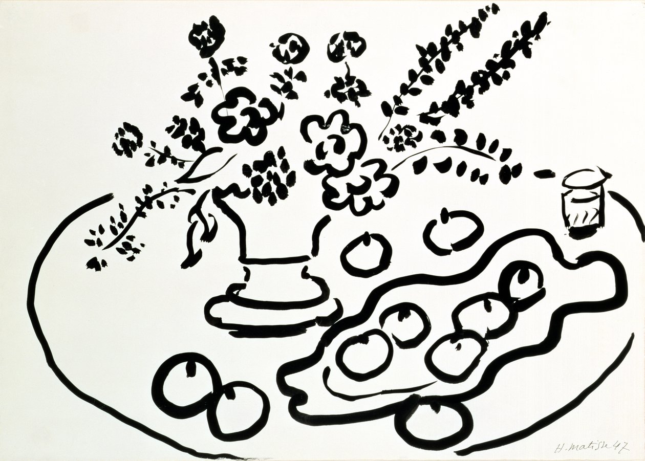 Stillleben mit Blumenvase und Obstteller von Henri Matisse