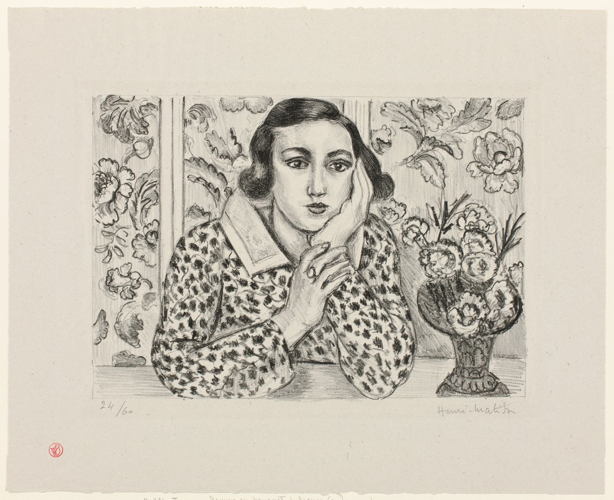 Junges Mädchen, das sich an einen blumigen Schirm lehnt von Henri Matisse