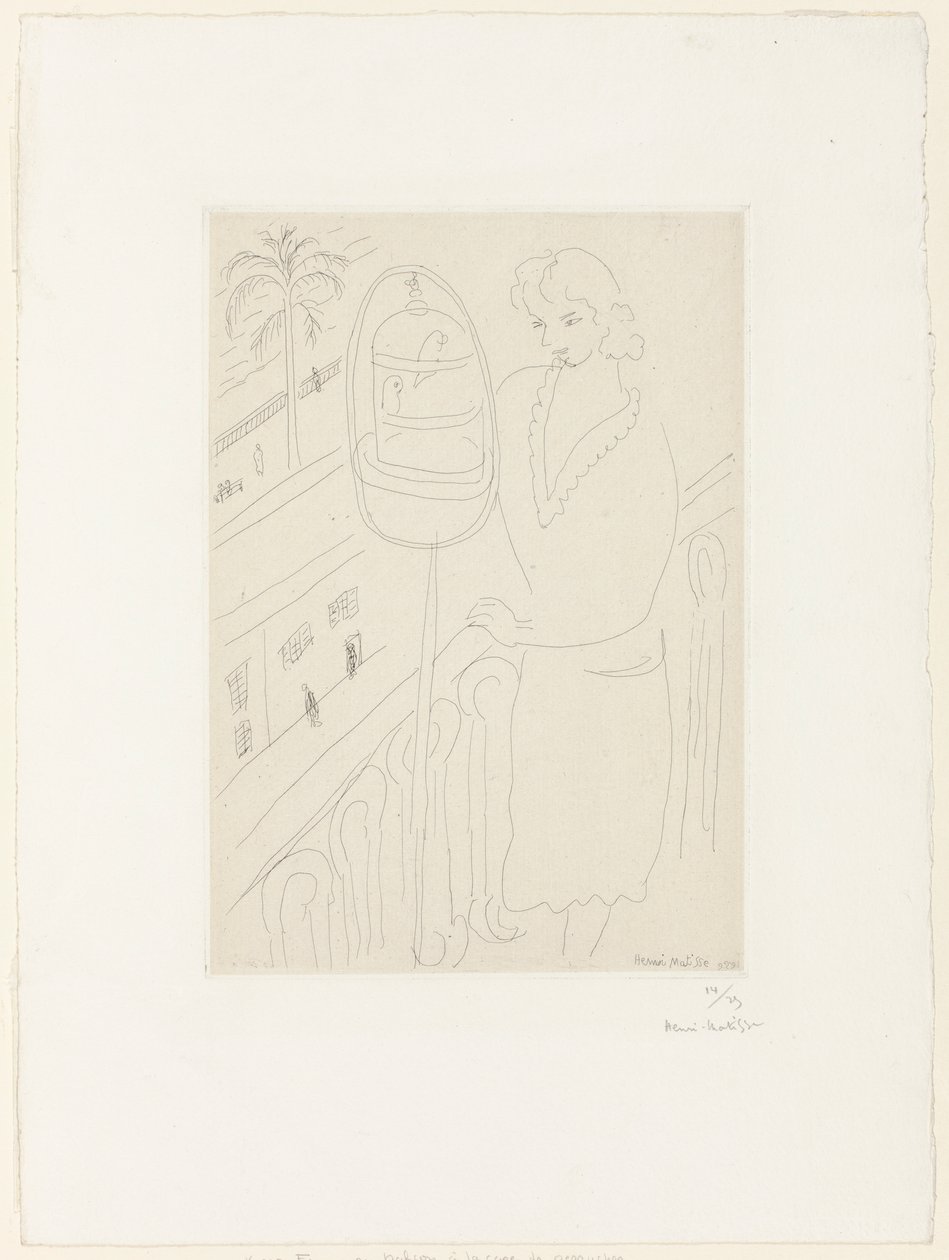 Junge Frau auf einem Balkon, die auf Sittiche schaut von Henri Matisse