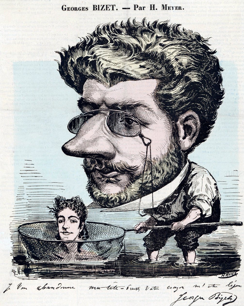Georges Bizet (1838-1875), französischer Komponist - Karikatur mit Autogramm von Bizet, von Henri Meyer genannt Reyem (1844-1899) für „Diogene“ von Henri Meyer