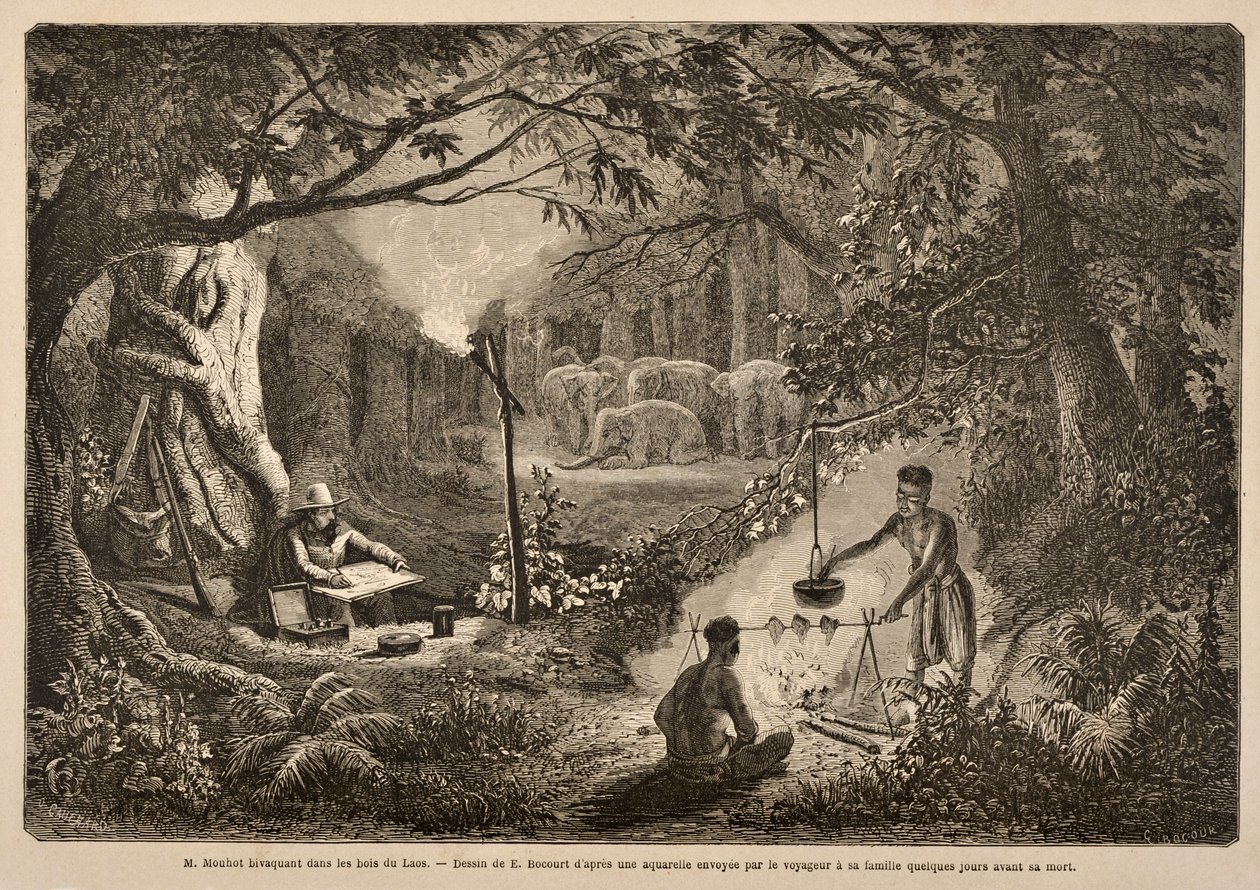 Henri Mouhot beim Campen im Dschungel von Laos, Illustration aus 