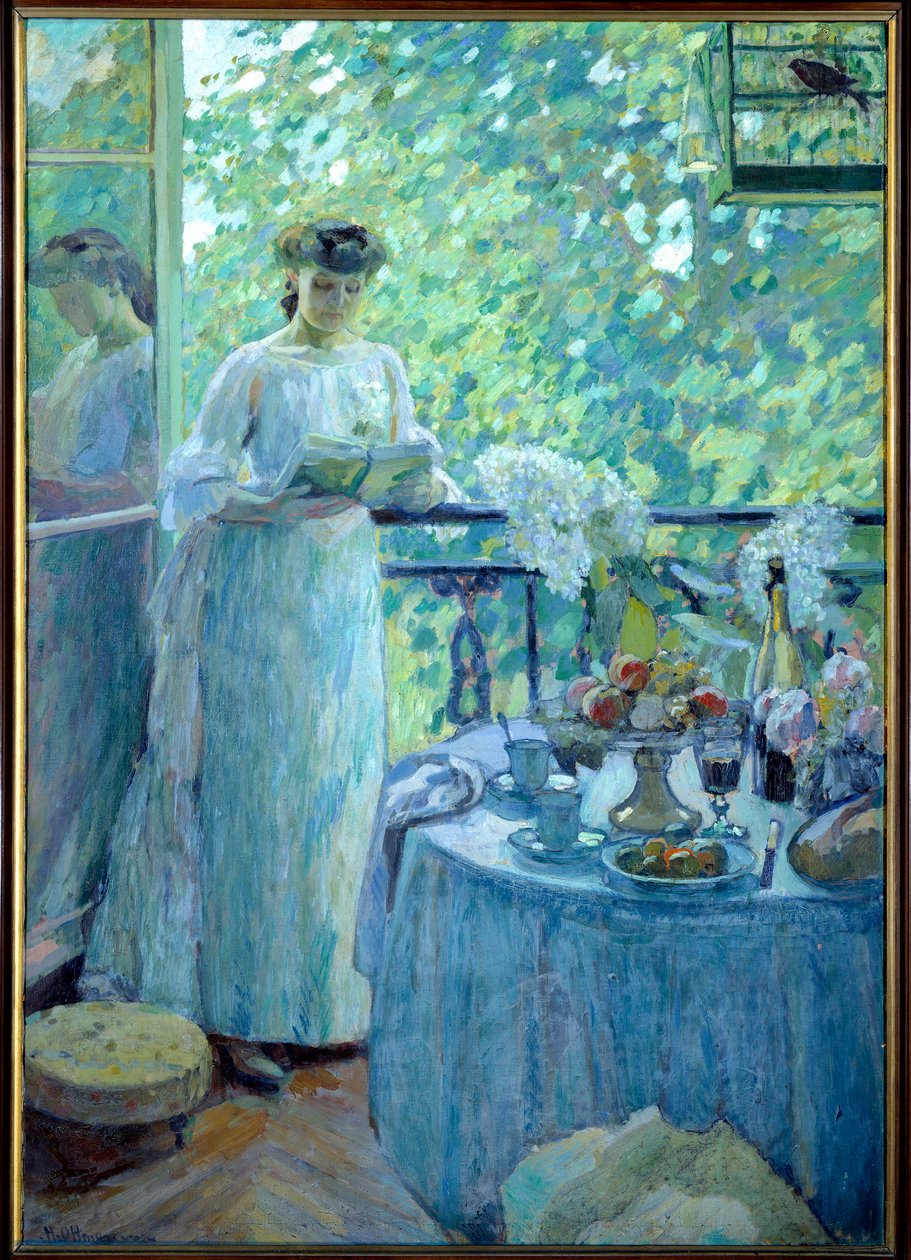 Madame O. auf dem Balkon. Eine junge Frau liest ein Buch in einem bürgerlichen Interieur, der Tisch ist zum Frühstück gedeckt. (Detail) von Henri Ottmann