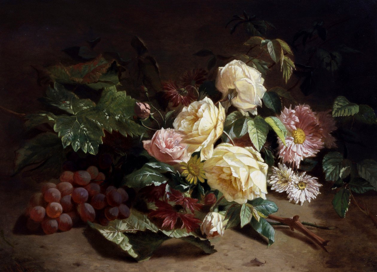 Stillleben mit Sommerblumen und Trauben. Gemälde von Henri Robbe von Henri Robbe