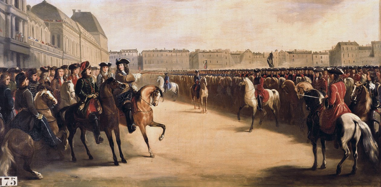 Zar Peter I. der Große von Russland (1672-1725) begleitet vom Regenten Philipp II. Herzog von Orléans (1674-1723) während seines Besuchs in Frankreich, inspiziert die berittenen Truppen in den Tuilerien (Paris) am 16.06.1717 von Henri Serrur