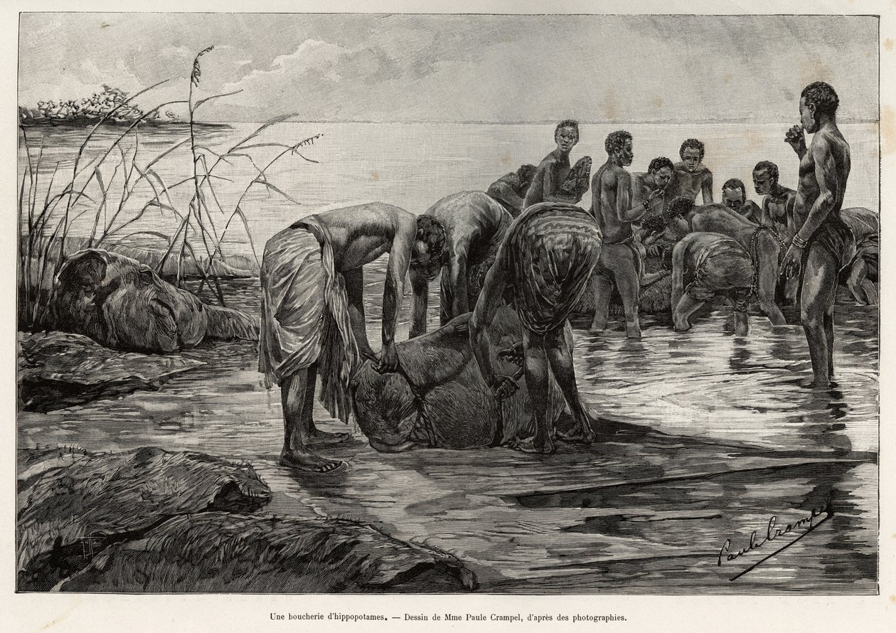 Ein Flusspferd-Schlachthaus am Ufer eines zentralafrikanischen Flusses. Gravur von Henri Thiriat zur Illustration der Geschichte „La mission Crampel“ von Albert Nebout (1862-1939), 1890, in Le tour du Monde 1892, herausgegeben von Edouard Charton (1807-189 von Henri Thiriat