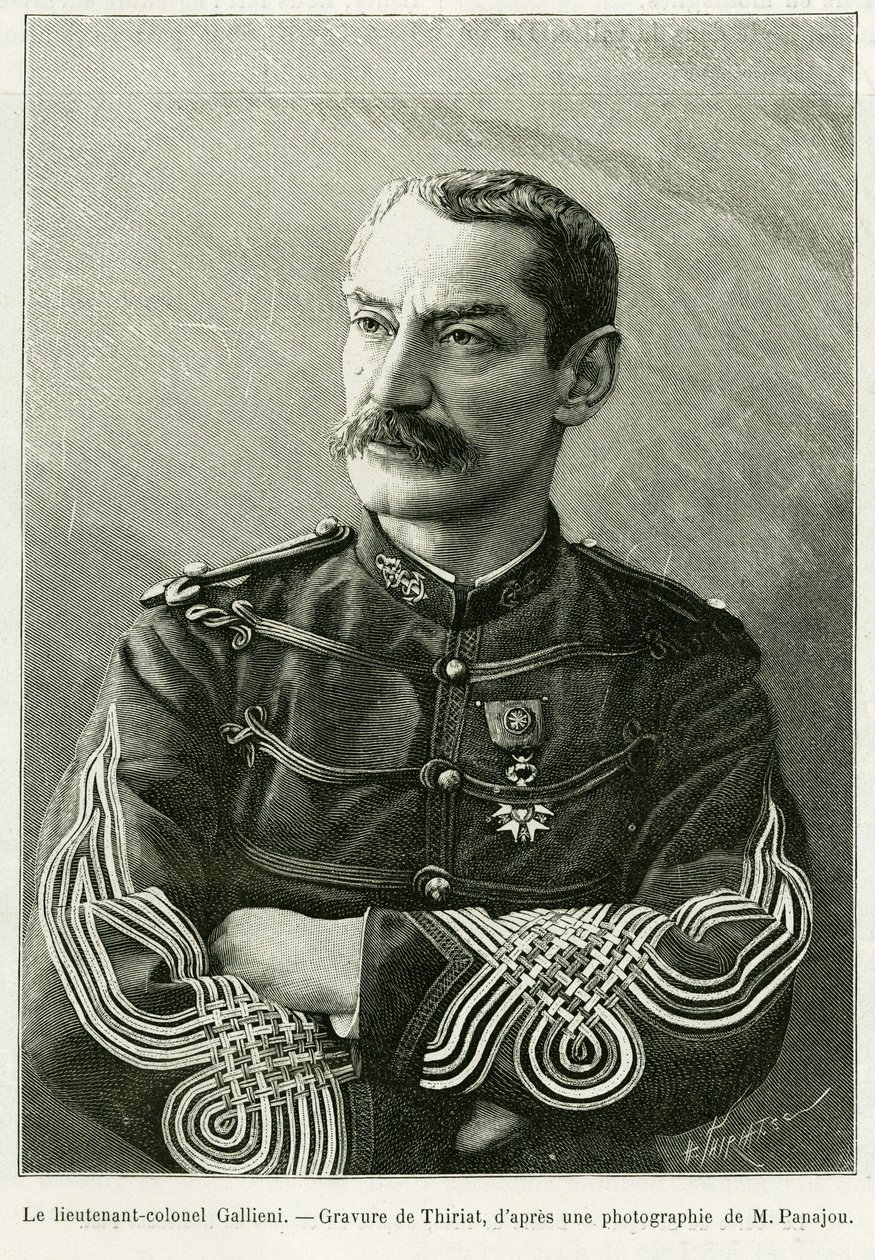Oberstleutnant Joseph Gallieni (1849-1916). Gravur von Thiriat zur Illustration der Geschichte „Zwei Feldzüge im französischen Sudan“ von Henri Thiriat