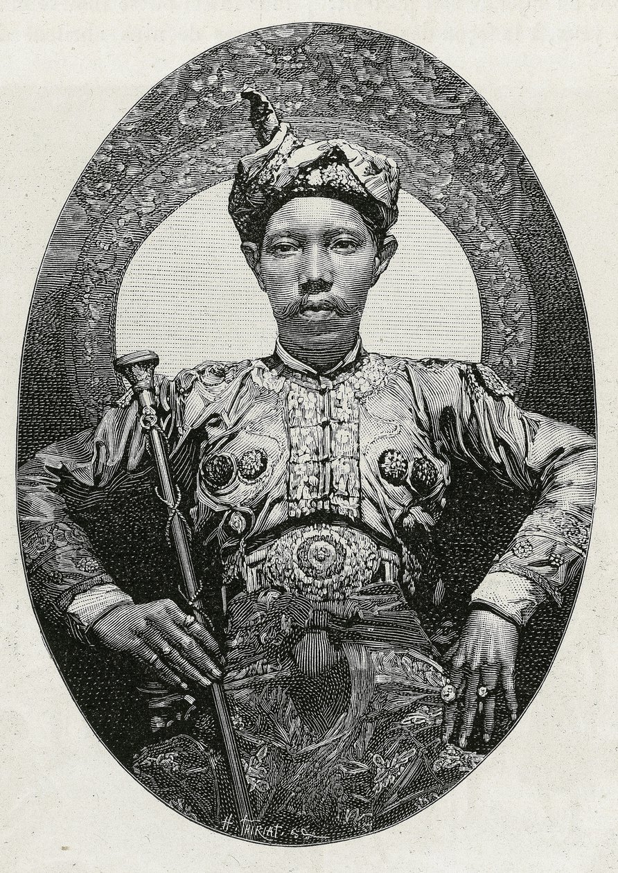 Porträt von Mohammed Yamalul Alam, Sultan von Sulu (Philippinen), 1880. Gravur von Thiriat, zur Illustration der Geschichte „Reise auf die Philippinen“. von Henri Thiriat