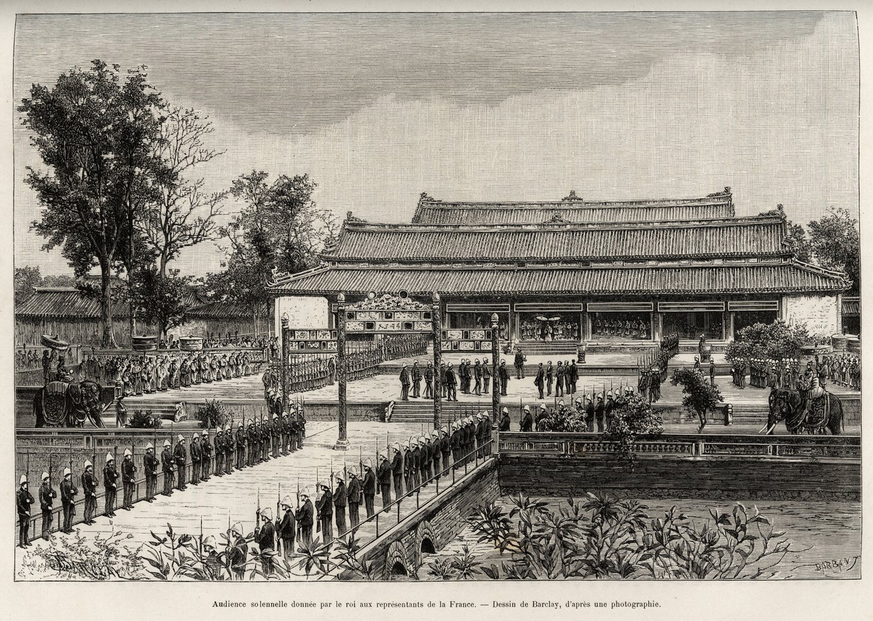 Feierliche Audienz von König Dong Khanh (1864-1889) Kaiser von Annam für die Vertreter Frankreichs in der kaiserlichen Stadt Hue (Vietnam). Gravur von Thiriat zur Illustration der Geschichte Trente mois au Tonkin von Henri Thiriat