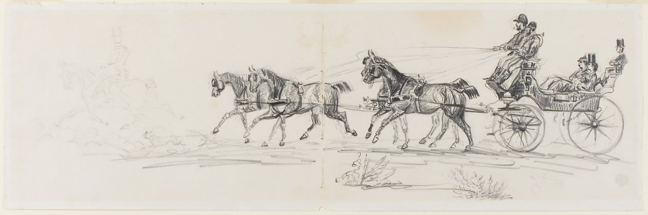 Pferdewagen, gefolgt von einem einzelnen Reiter (recto); Mann reitet Pferd mit Decke und Skizzen von Köpfen, Pferden und Triumphbogen (verso) von Henri de Toulouse-Lautrec