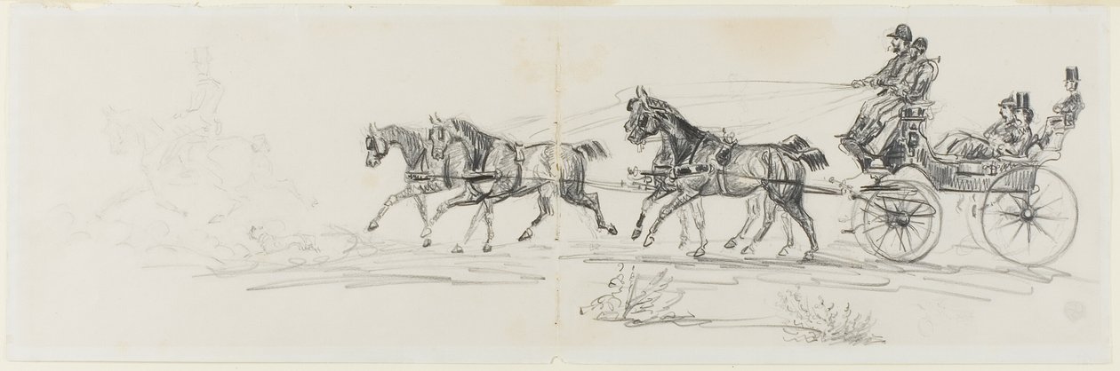 Pferdewagen, gefolgt von einem einzelnen Reiter (recto); Mann reitet Pferd mit Decke und Skizzen von Köpfen, Pferden und Triumphbogen (verso) von Henri de Toulouse Lautrec