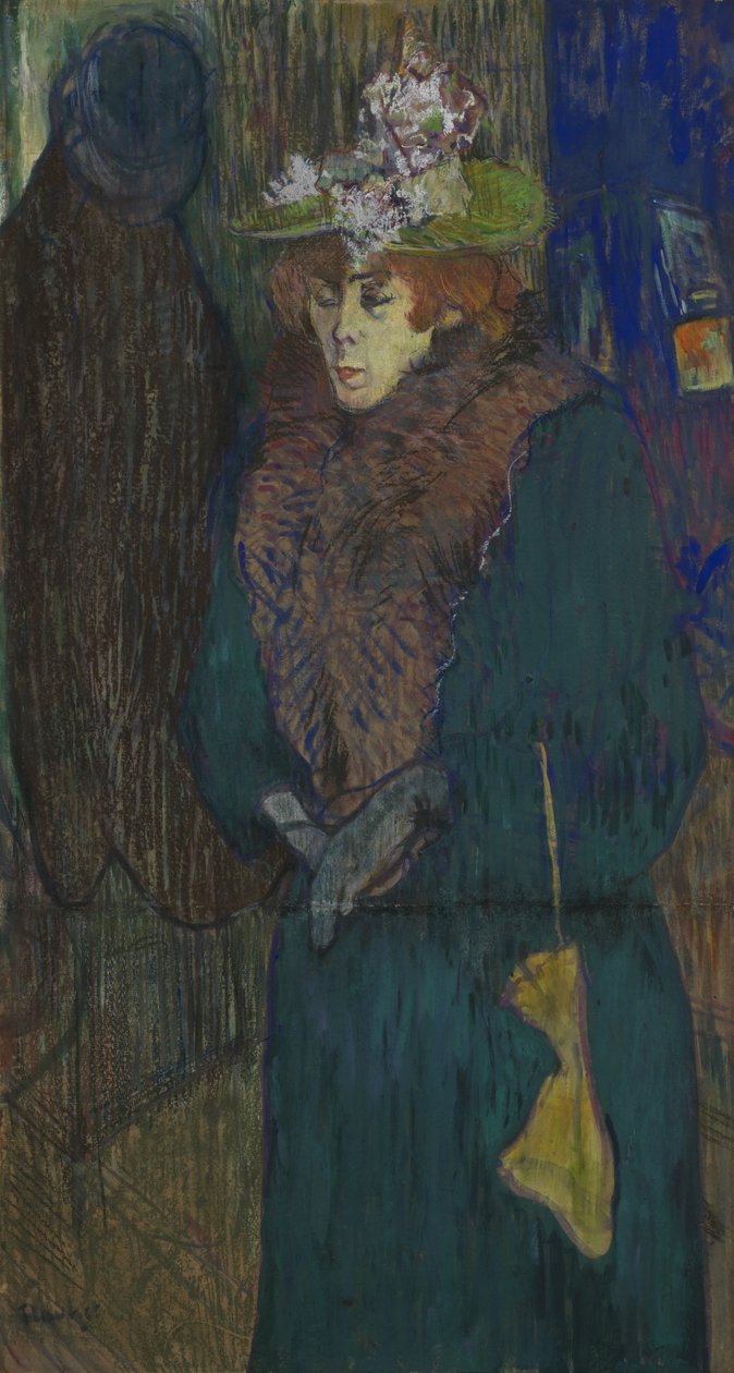 Jane Avril am Eingang zum Moulin Rouge, zieht ihre Handschuhe an, ca. 1892 von Henri de Toulouse Lautrec