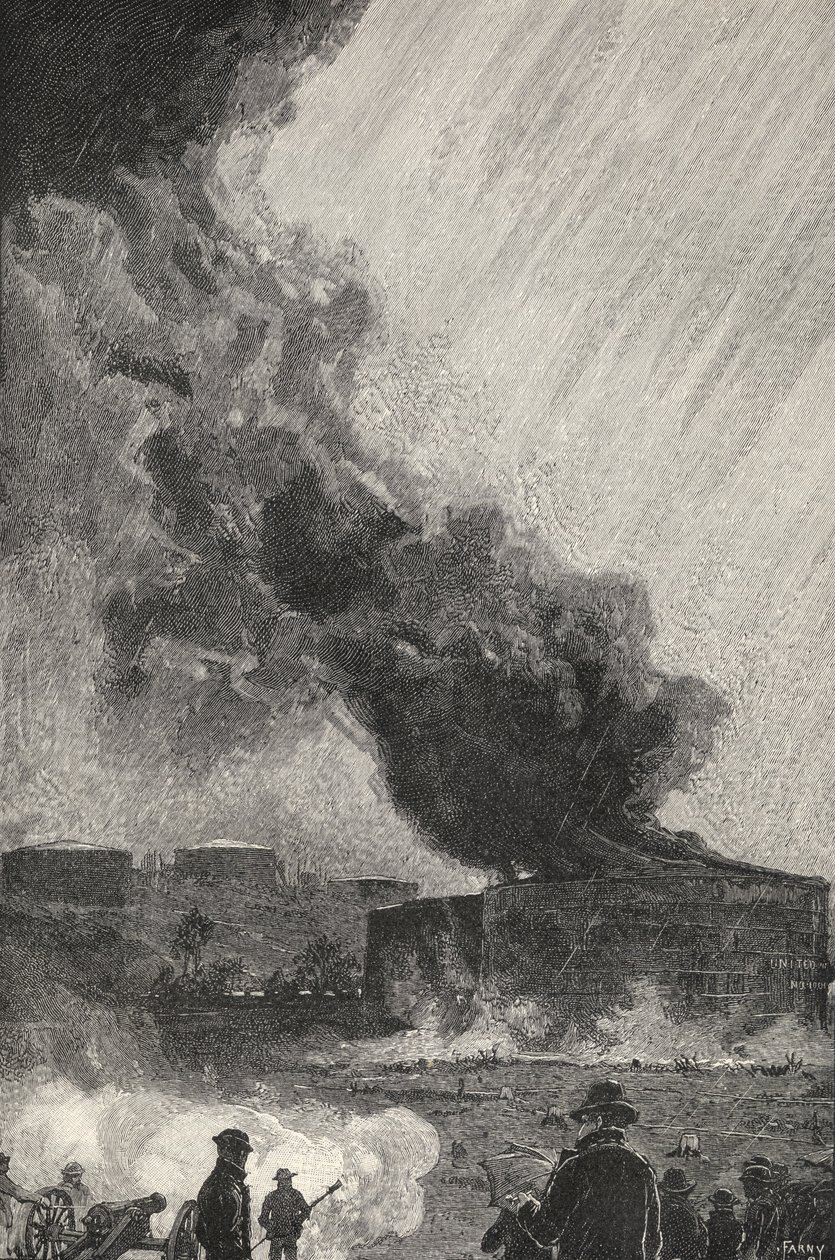 Ein brennender Öltank, Fassungsvermögen 3500 Barrel, aus 