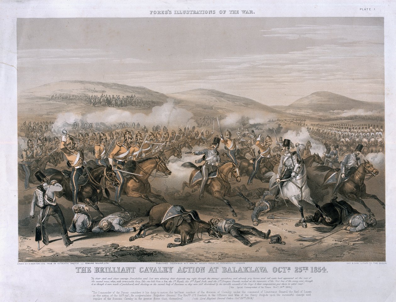 Die brillante Kavallerieaktion in der Schlacht von Balaklawa, 25. Oktober 1854, graviert von Edmund Walker, veröffentlicht 1854 von Henry Martens