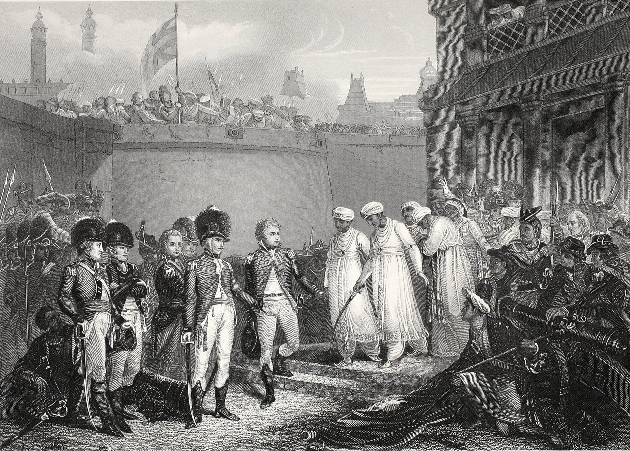 Die Kapitulation der beiden Söhne von Tippoo Sultaun, graviert von A.H. Payne von Henry Singleton