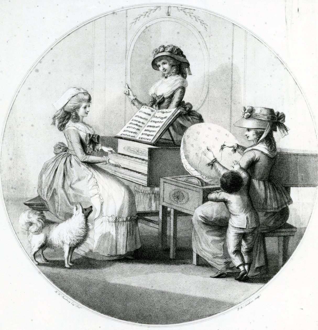 Morgentliche Beschäftigungen, drei junge Mädchen mit Spinett und Stickerei von Henry William Bunbury