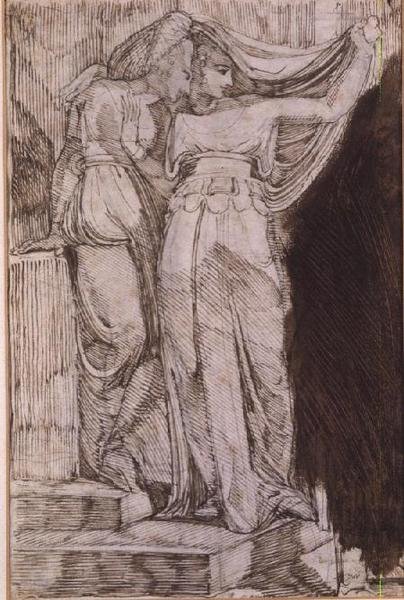 Zwei weibliche Figuren, die auf Stufen stehen, Rom, Mai 1787 von Johann Heinrich Füssli