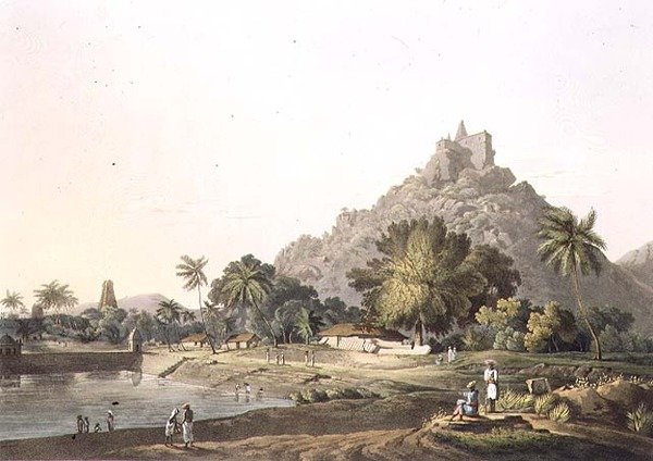 Pagoden in Trinchicunum, Tafel XI, graviert von Daniel Havell 1809 von Henry (after) Salt