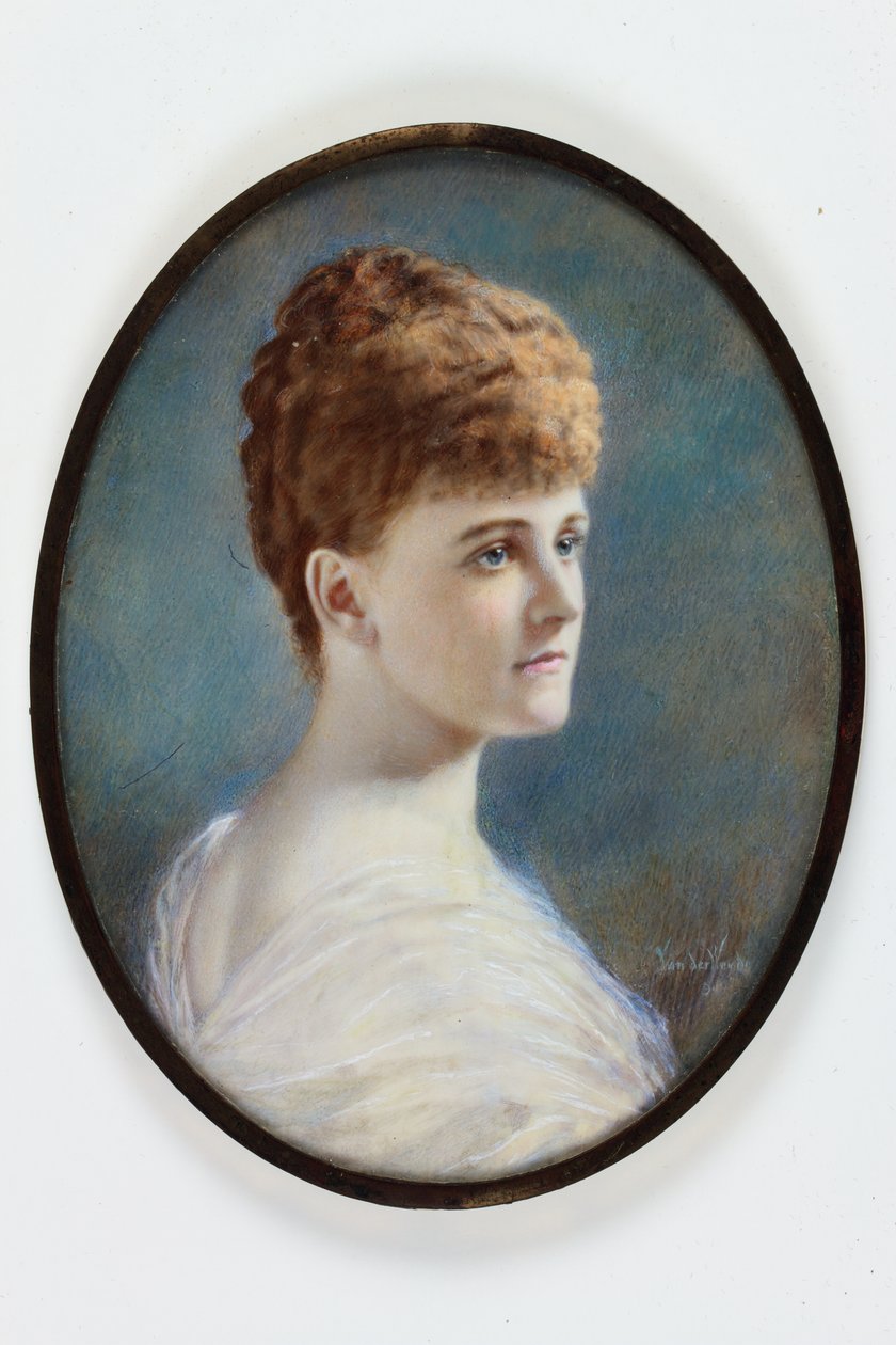 Eine Dame in einem weißen Kleid, wahrscheinlich Frances Evelyn (Daisy) Greville, geb. Maynard, Lady Brooke, später Gräfin von Warwick von Henry (attr.to) Van der Weyde