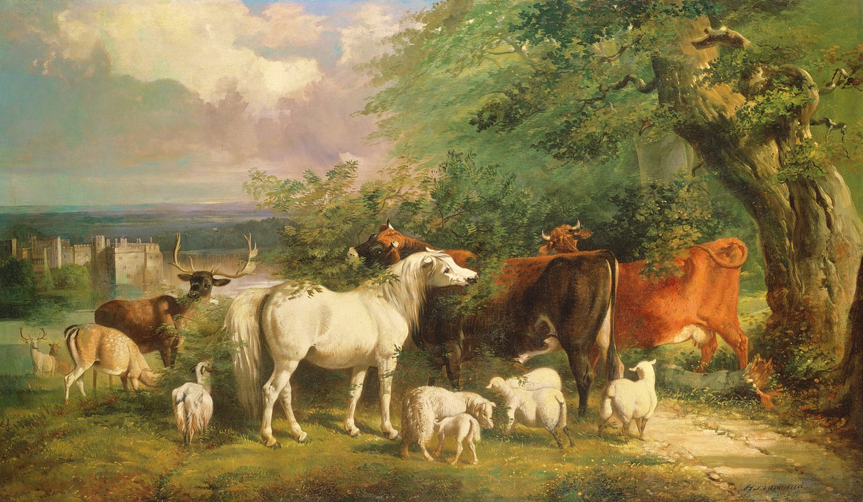 Haddon Hall mit Schafen, Rindern, einem Hirsch und einem Pony von Henry Barraud