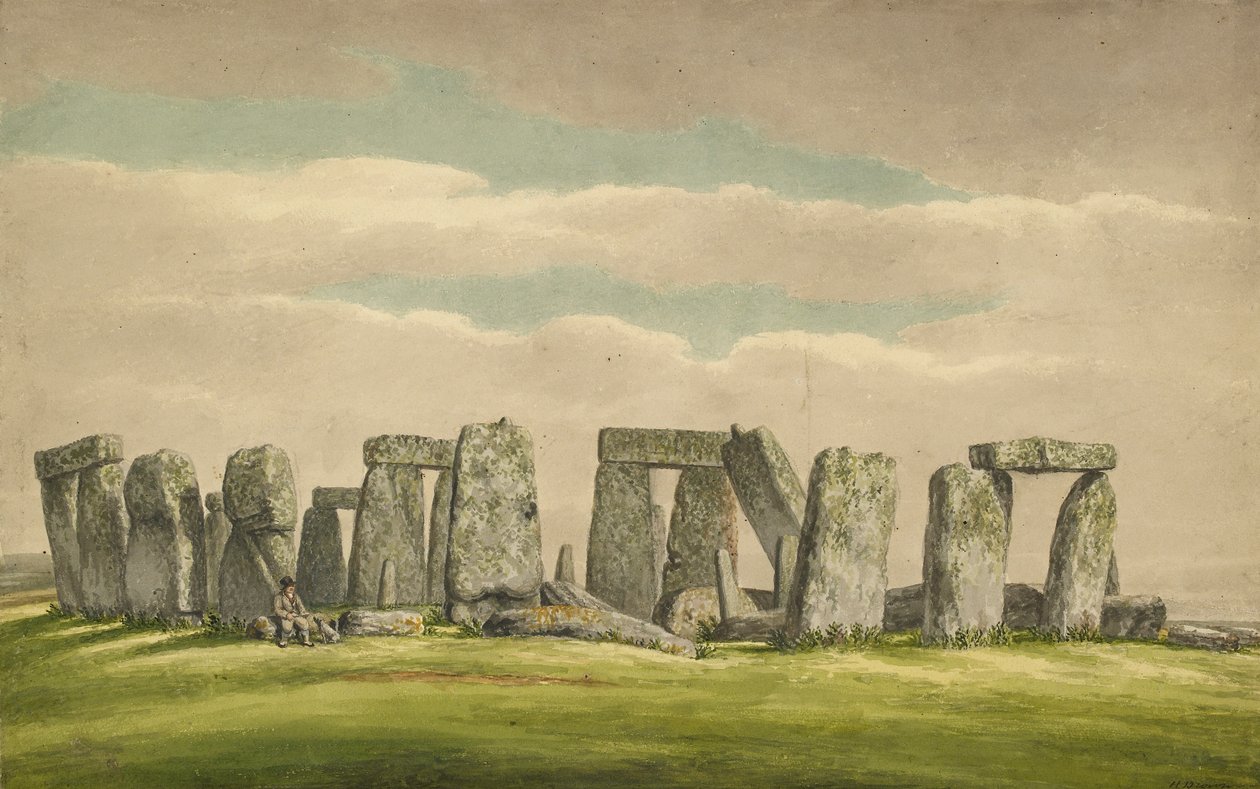 Stonehenge von Nordwesten, zeigt Ruinen mit Mann und Hund, 1824-1839 von Henry Browne