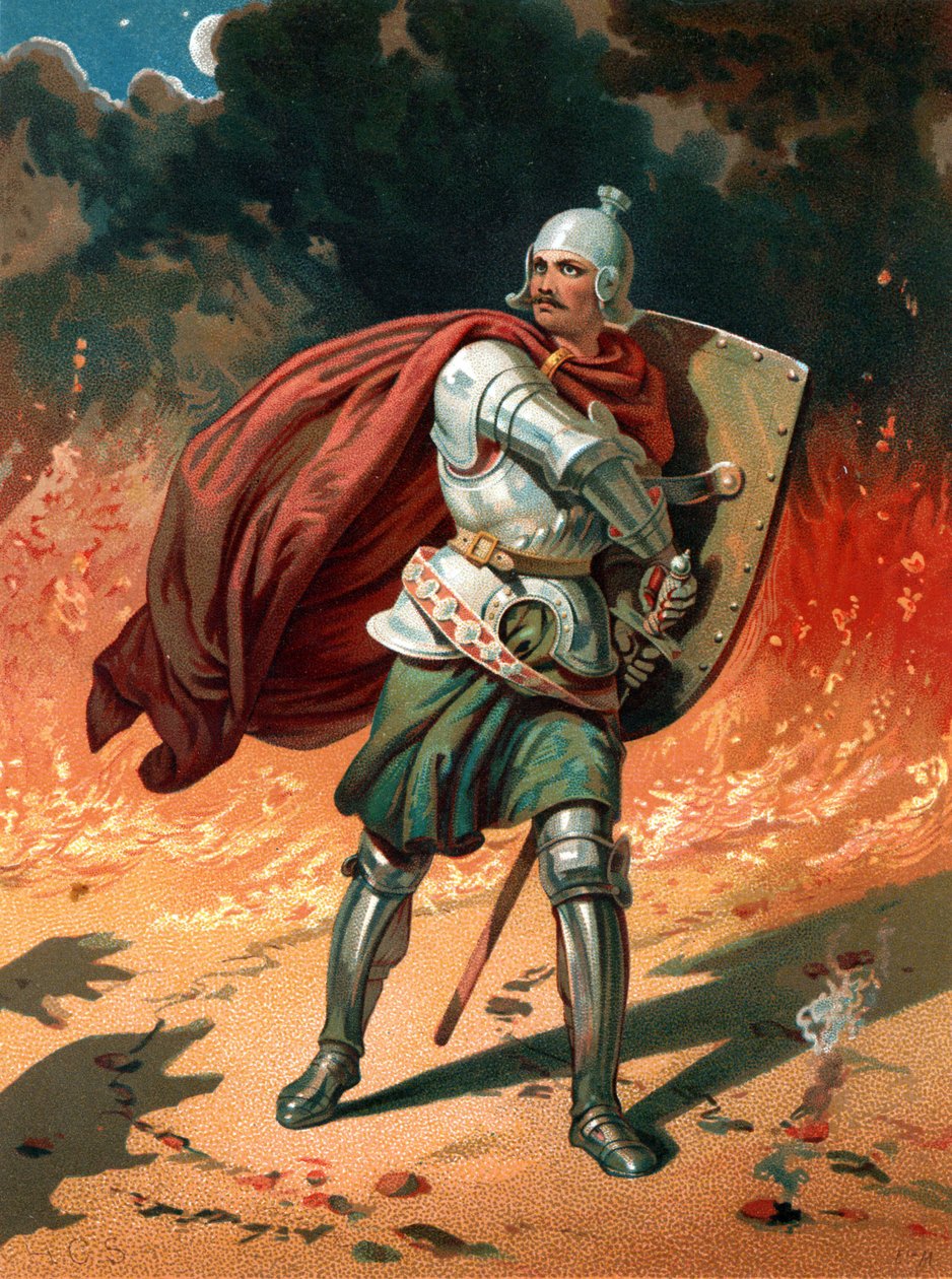 Christian, der Pilger des Titels, im Kampf mit Apollyon, dem Zerstörer, dem Engel des Abgrunds von Henry Courtney Selous