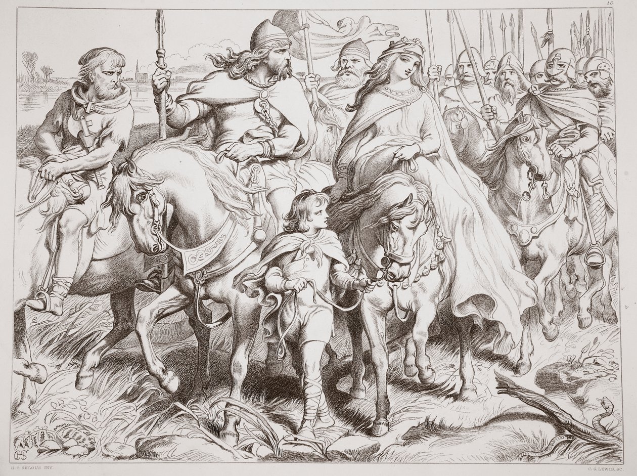 Hereward bewacht Alftruda an einen sicheren Ort, Illustration aus Hereward the Great von Charles Kingsley, veröffentlicht 1870, graviert von C.G. Lewis von Henry Courtney Selous