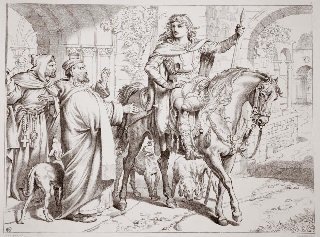 Hereward informiert seinen Onkel, den Prior, dass er geächtet wird, Illustration aus Hereward the Great von Charles Kingsley, veröffentlicht 1870, graviert von C.G. Lewis von Henry Courtney Selous