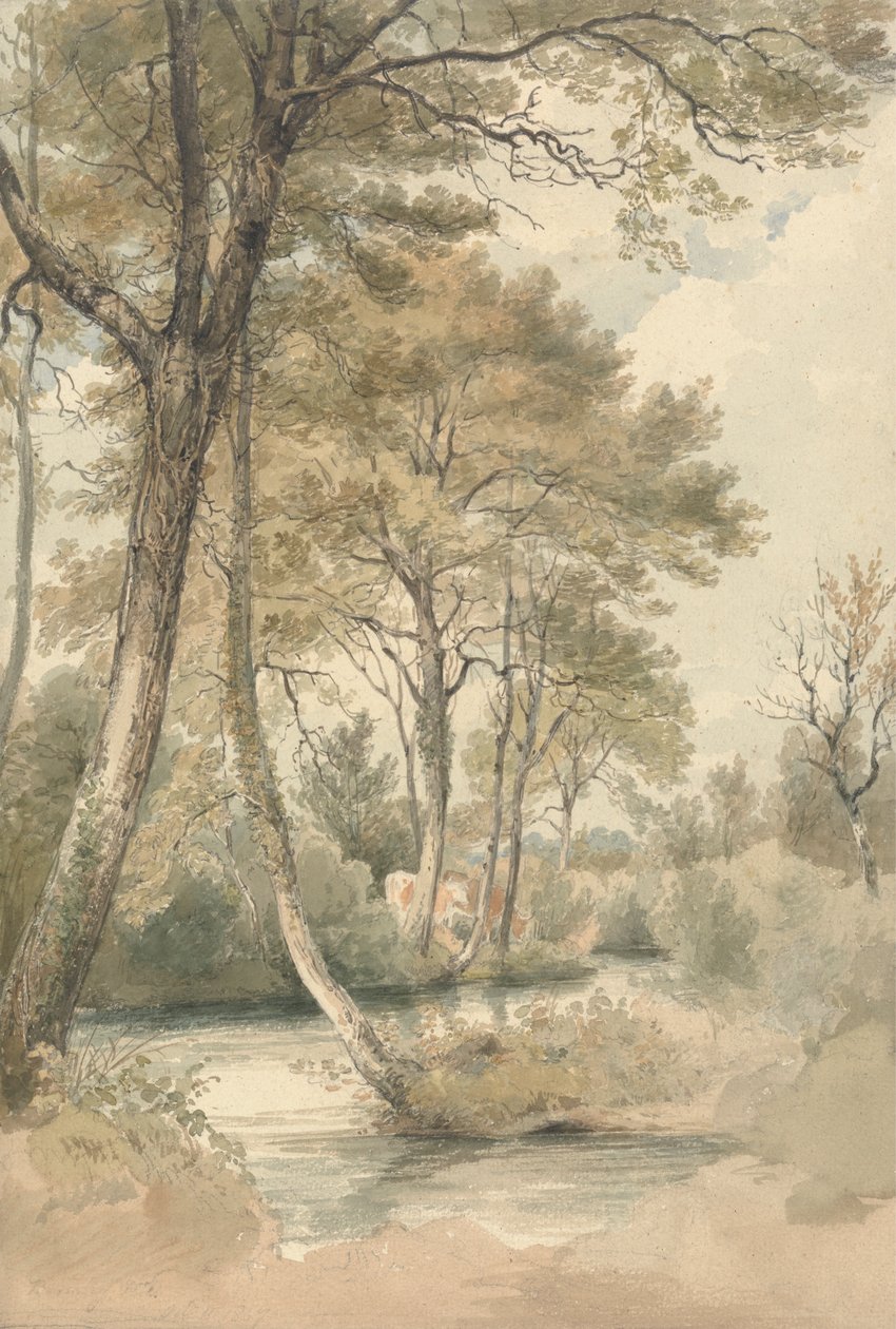 Bach mit Bäumen und Vieh in der Nähe von Bromley Hill, Kent von Henry Edridge