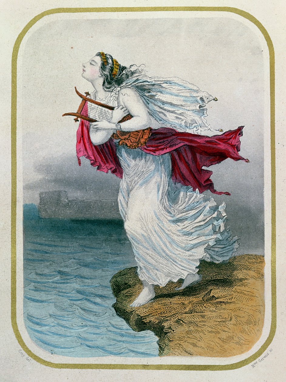 Die Dichterin Sappho stürzt sich ins Meer, graviert von Mme Gervais, 1849 von Henry Emy