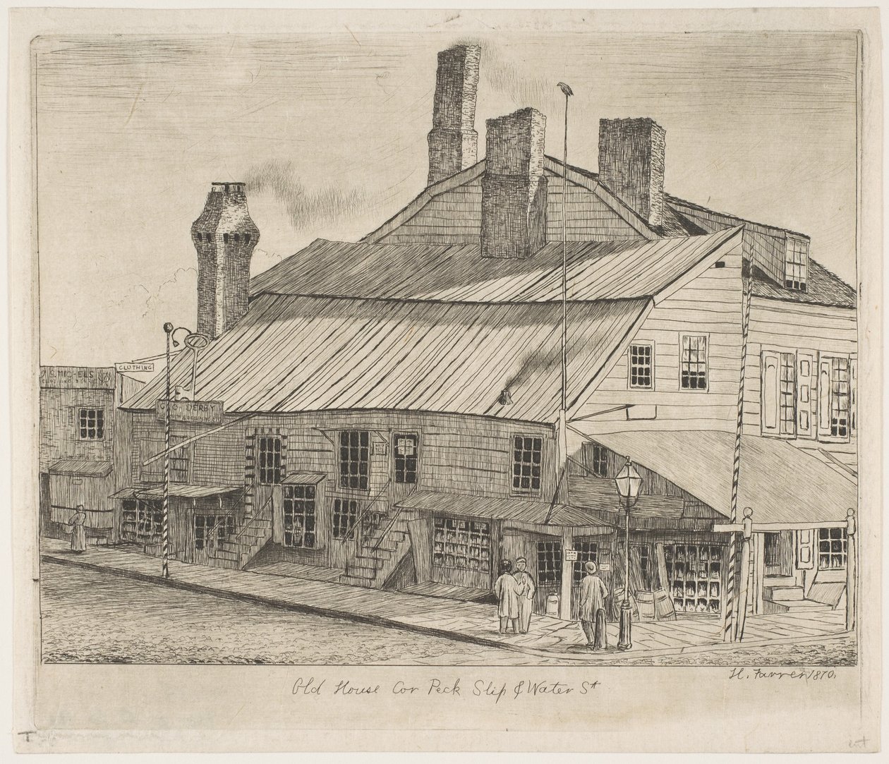 Altes Haus, Ecke Peck Slip und Water Street, aus "Szenen des alten New York" von Henry Farrer