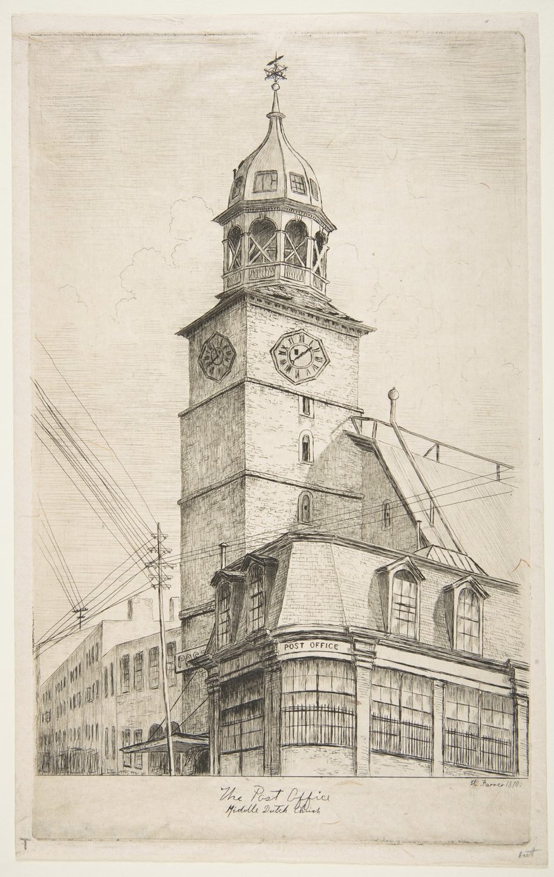 Das Postamt, Mittlere Niederländische Kirche aus Szenen des alten New York, 1870 von Henry Farrer