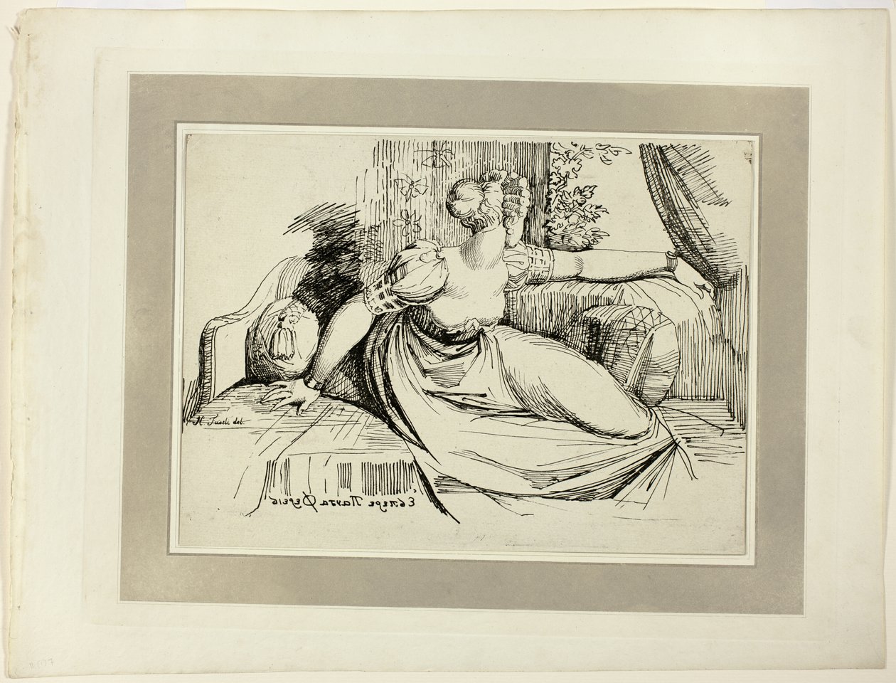 Eine Frau, die am Fenster sitzt („Abend, du bringst alles“), aus der ersten Ausgabe von Specimens of Polyautography von Johann Heinrich Füssli