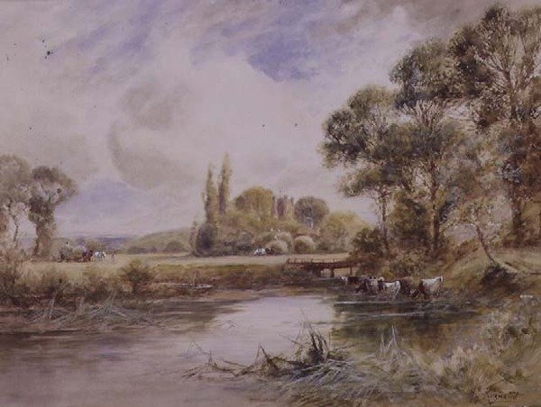 Landschaft mit Wiesen und trinkendem Vieh von Henry John Kinnaird