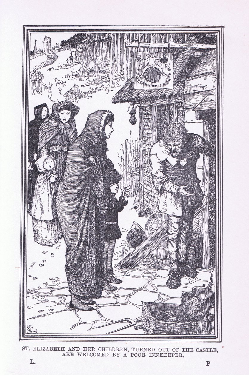 St. Elisabeth und ihre Kinder, aus der Burg vertrieben und vom armen Gastwirt willkommen geheißen, 1912 von Henry Justice Ford