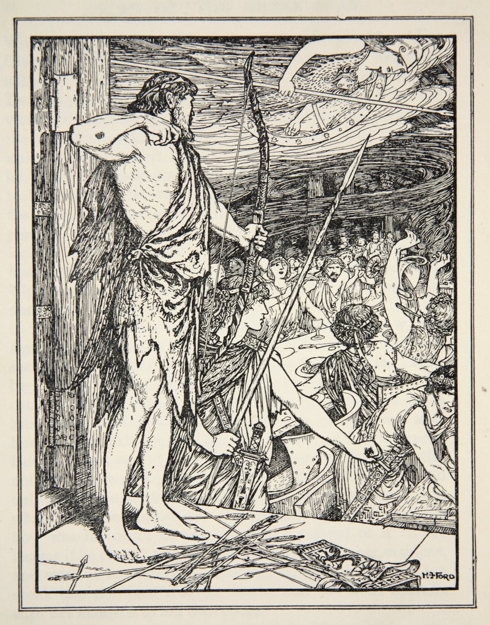Odysseus schießt den ersten Pfeil auf die Freier, aus 