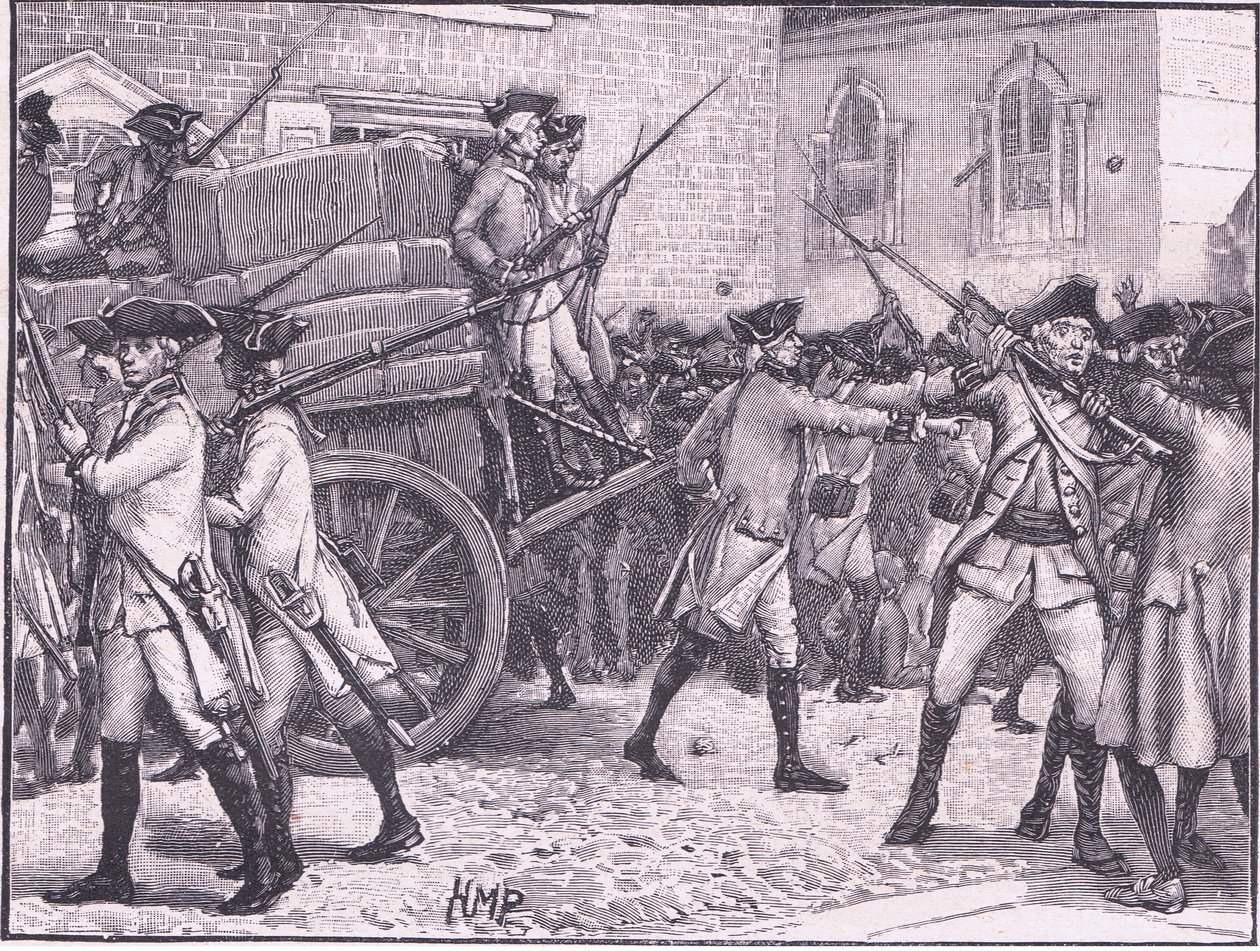 Truppen eskortieren das gestempelte Papier zum Rathaus, New York AD 1765 von Henry Marriott Paget