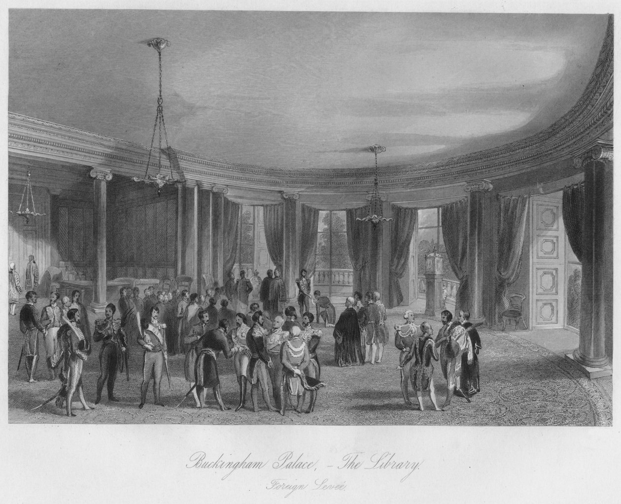 Buckingham Palace - Die Bibliothek. Ausländischer Empfang, ca. 1841 von Henry Melville