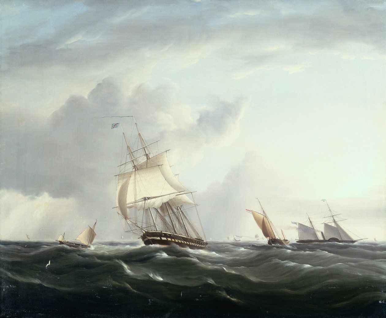 Eine Fregatte, ein Raddampfer und niederländische Kleinschiffe in den Downs von Henry Moses