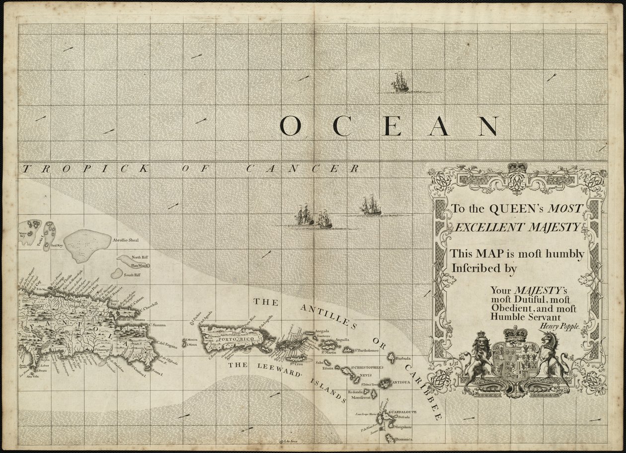 Eine Karte des Britischen Empire in Amerika mit den angrenzenden französischen und spanischen Siedlungen von Henry Popple