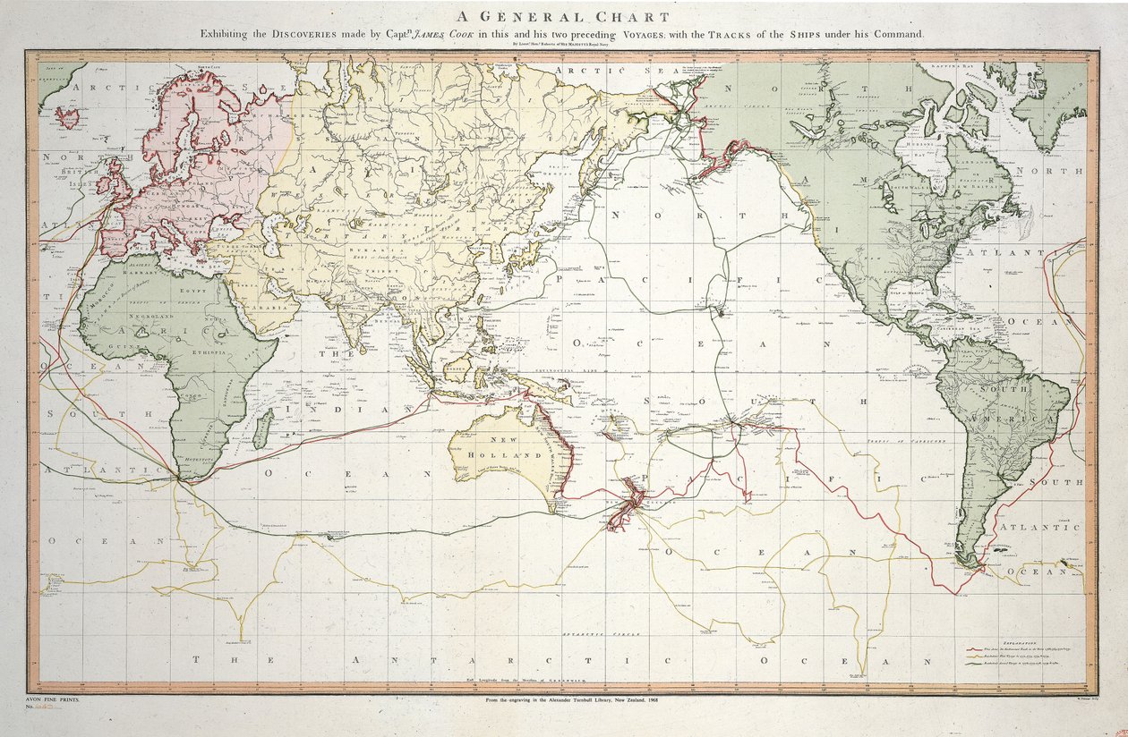 Allgemeine Karte der Entdeckungen von Kapitän James Cook auf dieser und seinen zwei vorhergehenden Reisen mit den Routen der Schiffe unter seinem Kommando. Von Leutnant Roberts von seiner Majestät Marine von Henry Roberts
