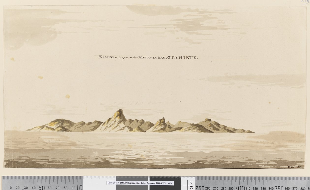 Seite 25aa Eimeo, wie es von der Matavai-Bucht, Otahiete, erscheint, 1768-75 von Henry Roberts