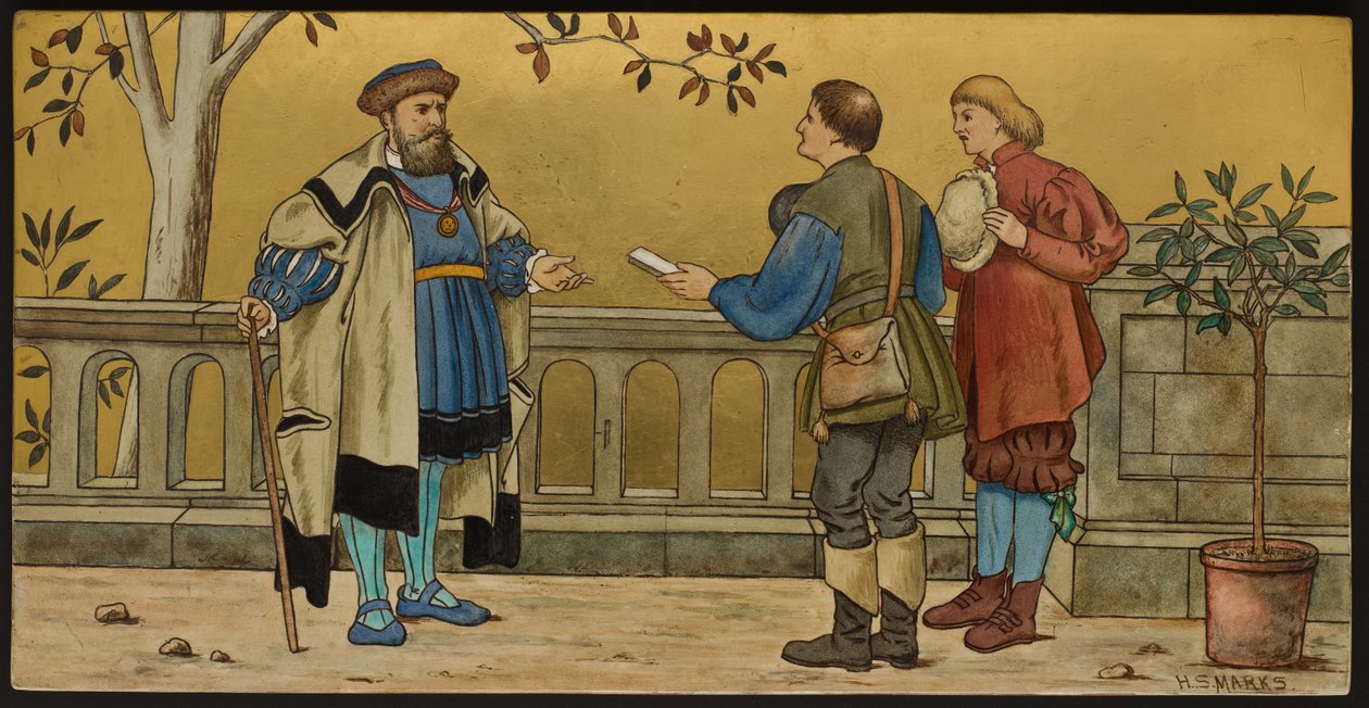 Der Richter, Plakette mit einer Illustration aus Shakespeares Sieben Lebensalter, Minton Ware, Staffordshire, 1874 von Henry Stacey after Marks