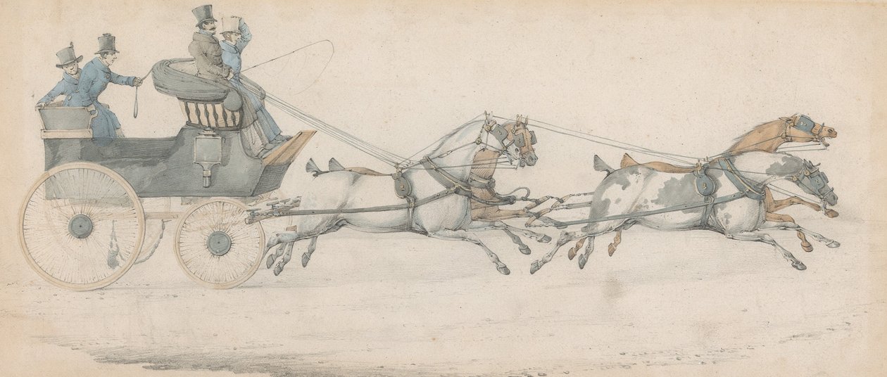 Ein Herr, der einen Vierspänner zu einem Mail-Phaeton fährt, begleitet von drei Stallburschen von Henry Thomas Alken